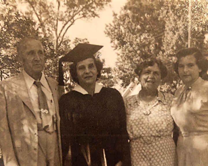 Dorothy Snell Bonicard (2nd SLU graduation in 1951, pictured with parents and daughter)